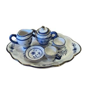 April Cornell Delft Design Mini Porcelain Play Tea Set Vintage 7 Pieces Blue